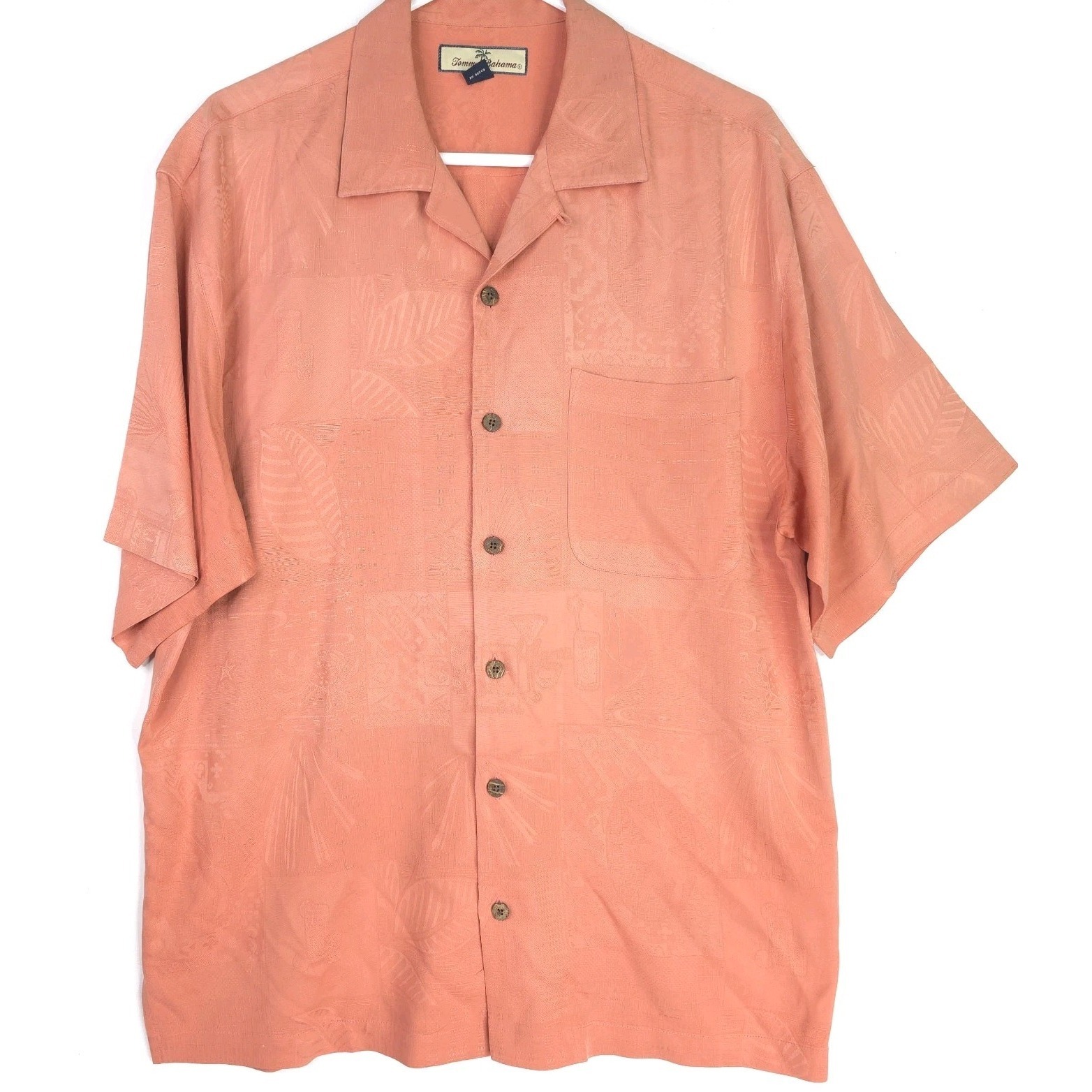 Tommy Bahama Camp Shirt Mens Medium Coral Silk Tropical Floral Hawaiian Aloha